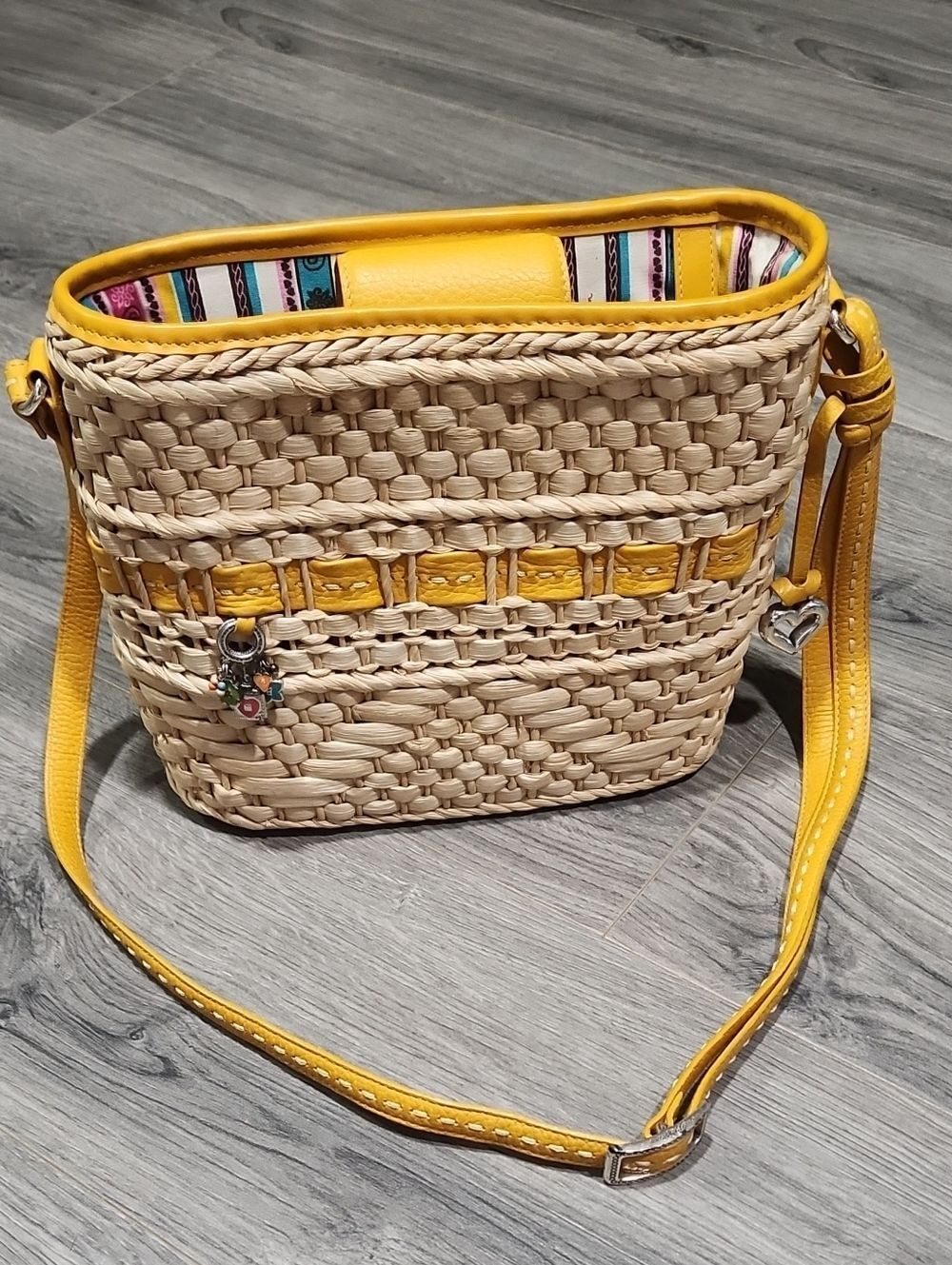 BRIGHTON Woven Straw Crossbody Bag with Yellow Trim